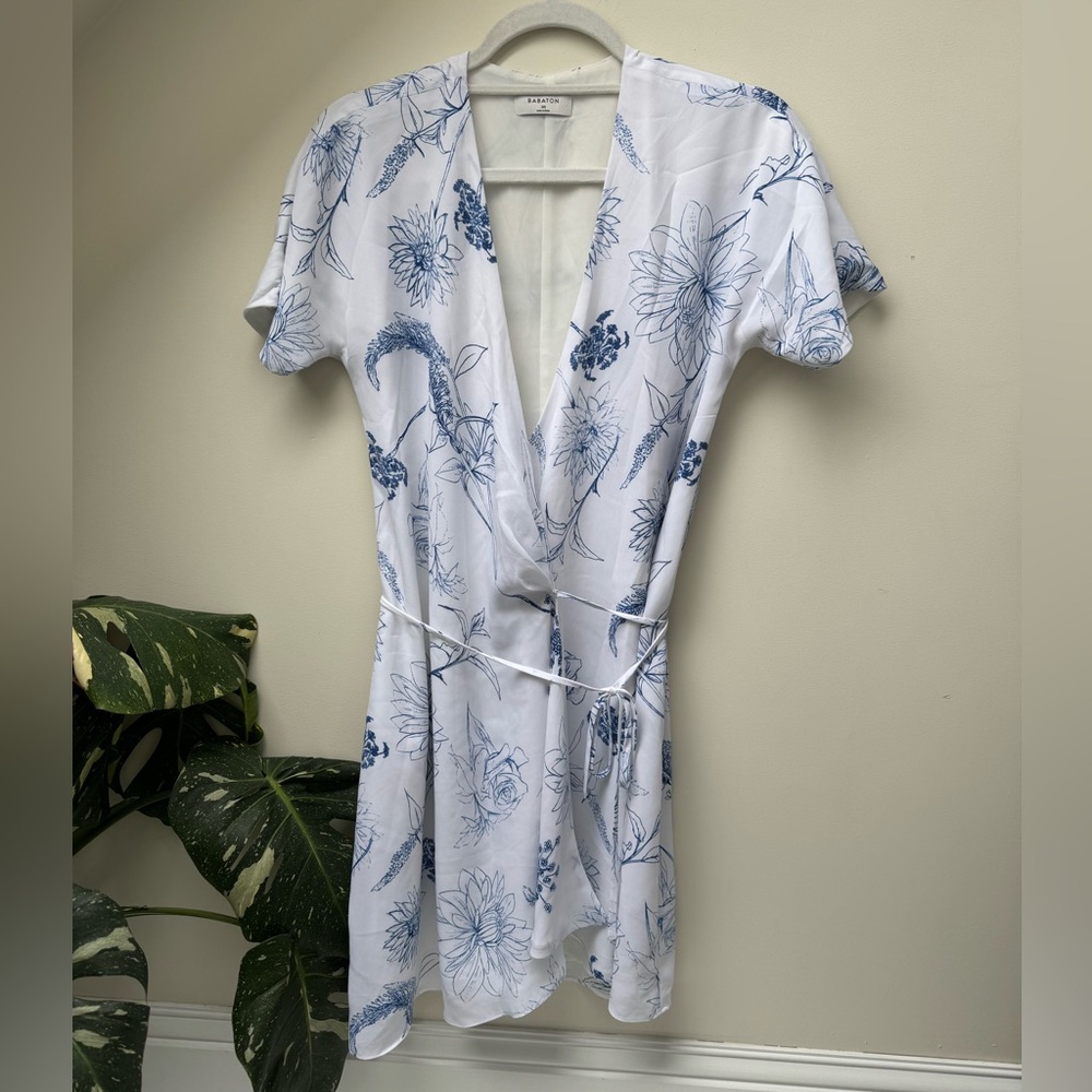 Babaton White Mini Dress with Blue Floral Print